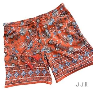 J JILL | NWOT ORANGE ZINNIA FLORAL DRAWSTRING SHORTS TASSELS BORDER PRINT | XS